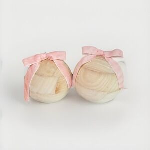 7" Pair of Natural Wood Round Ornaments w/ Pink Velvet Bows Rustic Holiday Decor
